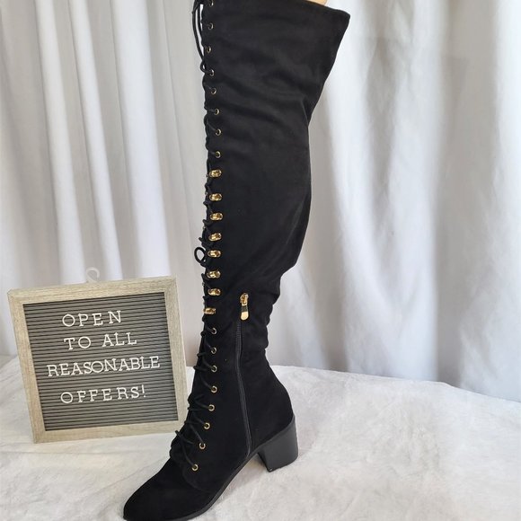 * So Me Black Over The Knee Lace Up Block Heel Boots - Picture 5 of 7